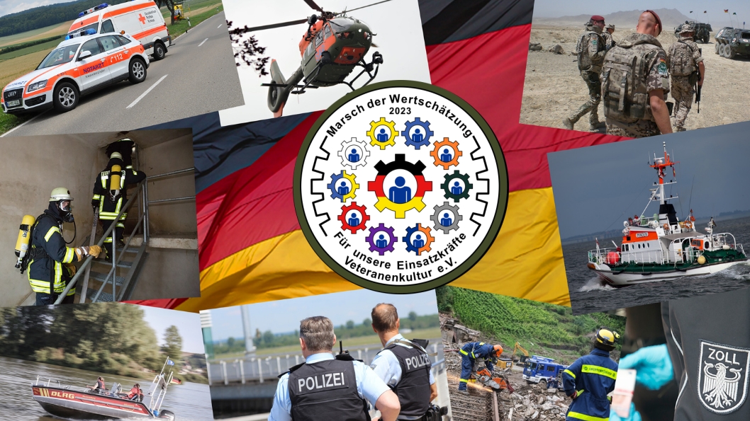 Vielfältige Einsatzkräfte und ihre Fahrzeuge symbolisieren den Marsch der Wertschätzung für die Veteranenkultur in Deutschland.