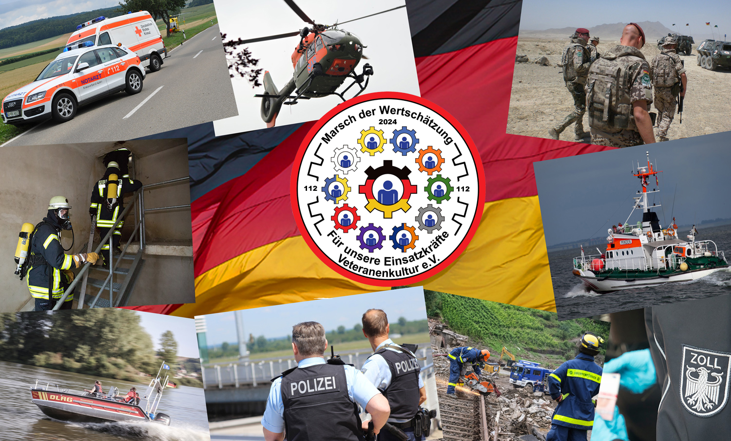 Vielfältige Einsatzkräfte in Aktion, symbolisiert durch das Logo des Marsches der Wertschätzung 2024 und die deutsche Flagge.