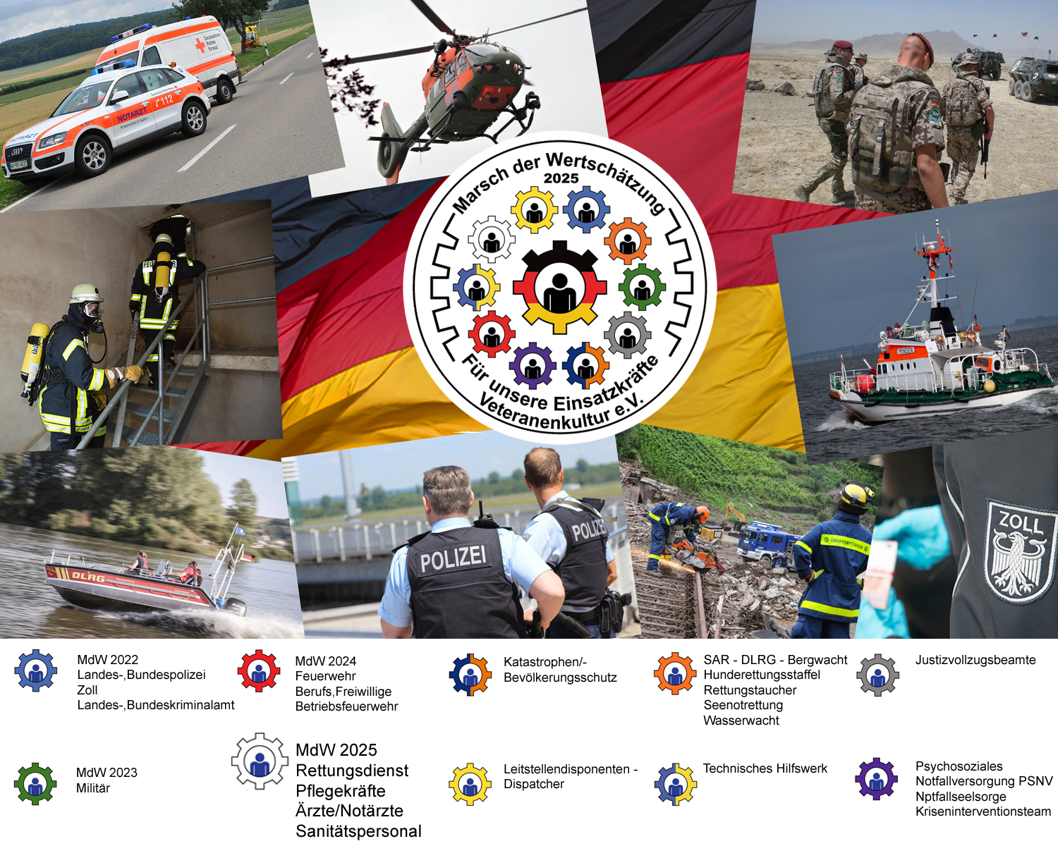 Marsch der Wertschätzung 2025 zeigt Einsatzkräfte aus verschiedenen Bereichen zur Förderung der Veteranenkultur in Deutschland.